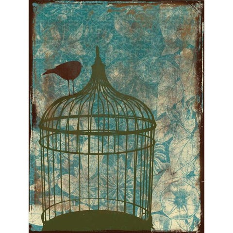 Birdcage on Teal 2 Gold Ornate Wood Framed Art Print with Double Matting by Grey, Jace