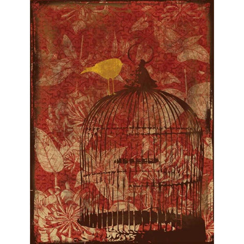 Birdcage on Red 1 Gold Ornate Wood Framed Art Print with Double Matting by Grey, Jace