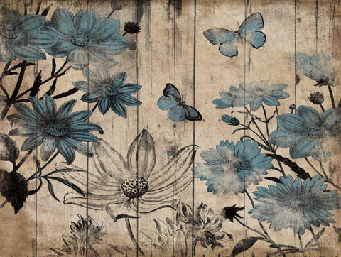 Blue Floral Wood Black Ornate Wood Framed Art Print with Double Matting by Grey, Jace