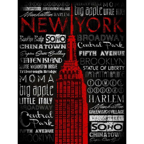 NY Type RED Black Modern Wood Framed Art Print with Double Matting by Grey, Jace