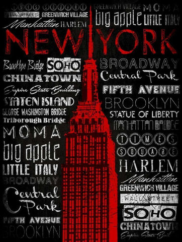 NY Type RED Black Ornate Wood Framed Art Print with Double Matting by Grey, Jace