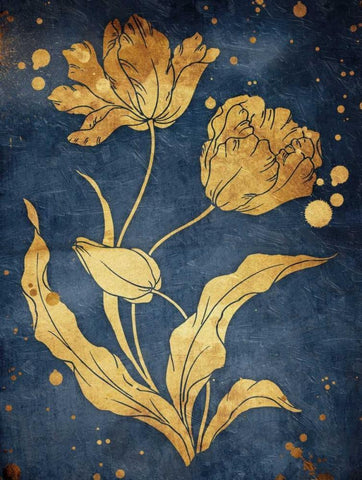 Floral Golden Blues Mate White Modern Wood Framed Art Print with Double Matting by Grey, Jace