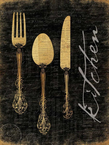 Golden Utensils Black Ornate Wood Framed Art Print with Double Matting by Grey, Jace