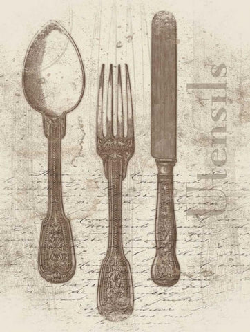 Cream Utensils Black Ornate Wood Framed Art Print with Double Matting by Grey, Jace