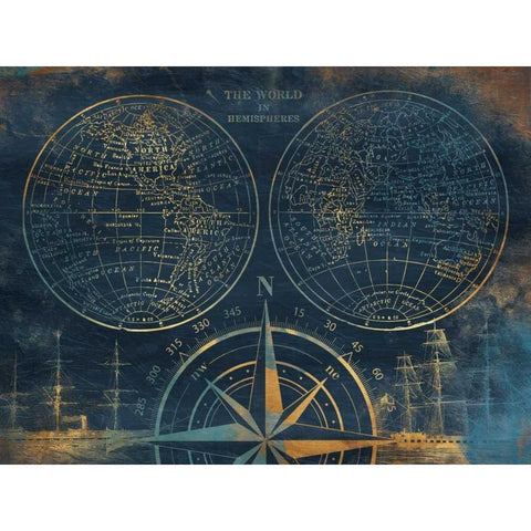 Golden Sea Blue Map Gold Ornate Wood Framed Art Print with Double Matting by Grey, Jace