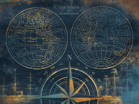 Golden Sea Blue Map White Modern Wood Framed Art Print with Double Matting by Grey, Jace