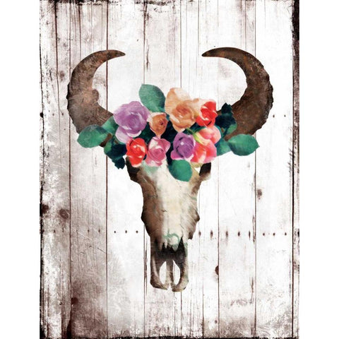 Bull Floral Crown Black Modern Wood Framed Art Print with Double Matting by Grey, Jace