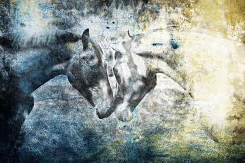 Kissing Blue Horses Black Ornate Wood Framed Art Print with Double Matting by Grey, Jace