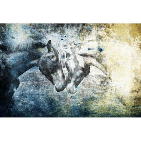 Kissing Blue Horses Gold Ornate Wood Framed Art Print with Double Matting by Grey, Jace