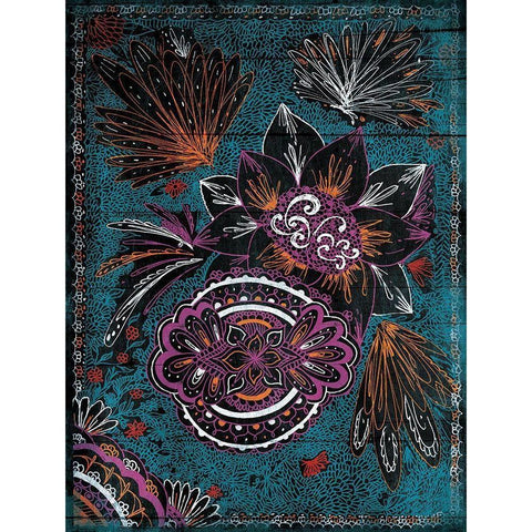 Full Floral Henna Black Modern Wood Framed Art Print with Double Matting by Grey, Jace