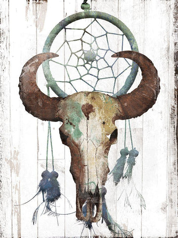 Bull With Dreamcatcher Black Ornate Wood Framed Art Print with Double Matting by Grey, Jace