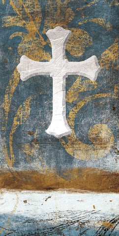 Cross On Blue White Modern Wood Framed Art Print with Double Matting by Grey, Jace