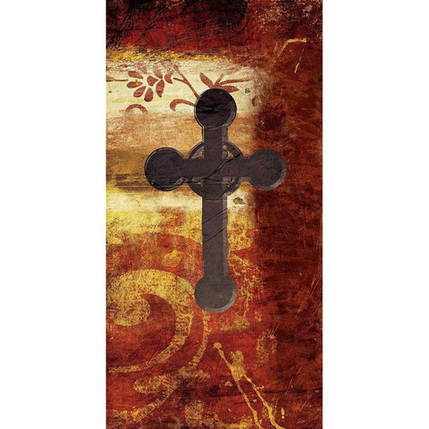 Cross On Red Gold Ornate Wood Framed Art Print with Double Matting by Grey, Jace