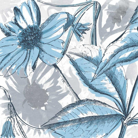 Sketch Flowers Blue White Modern Wood Framed Art Print by Grey, Jace