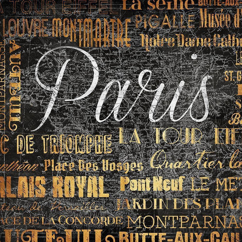 Paris Text Black Ornate Wood Framed Art Print with Double Matting by Grey, Jace