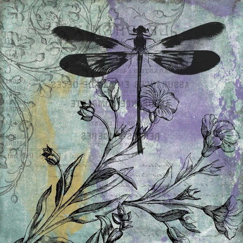 Dragonfly Florals Black Ornate Wood Framed Art Print with Double Matting by Grey, Jace