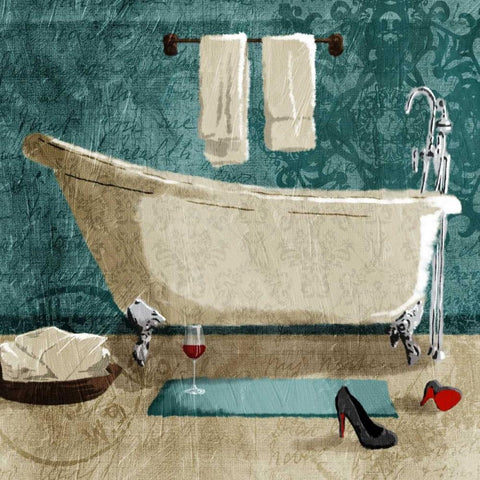 Teal Drink And Heals Bath White Modern Wood Framed Art Print by Grey, Jace