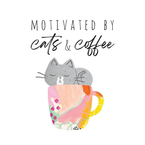 Motivated By Cats And Coffee 1 Black Modern Wood Framed Art Print by McCully, Jennifer