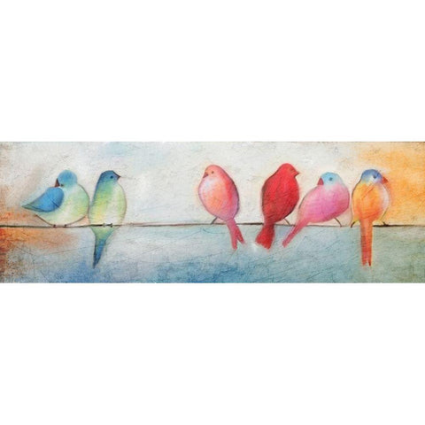 Colorful Birds On A Wire Gold Ornate Wood Framed Art Print with Double Matting by Kimberly, Allen