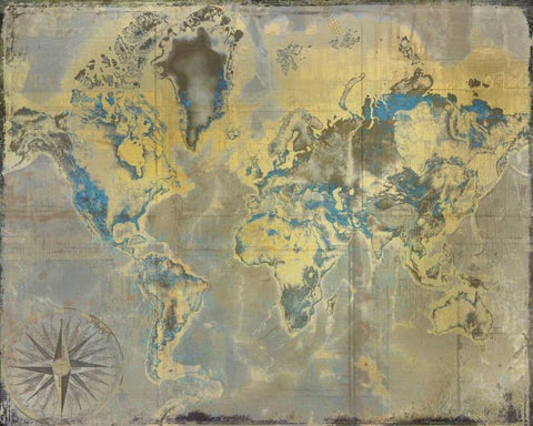 Golden Teal World Map Black Ornate Wood Framed Art Print with Double Matting by Allen, Kimberly