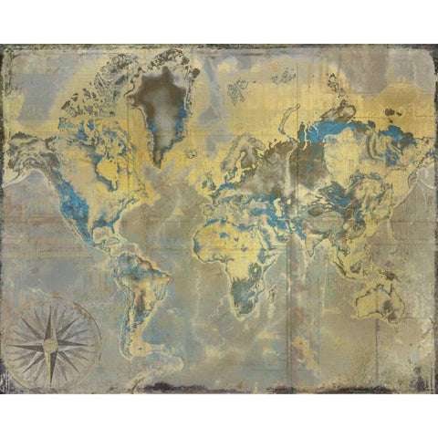 Golden Teal World Map White Modern Wood Framed Art Print by Allen, Kimberly