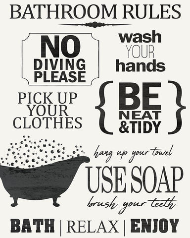 Bathroom Rules White Modern Wood Framed Art Print with Double Matting by Kimberly, Allen