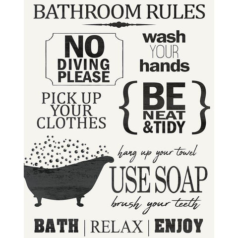 Bathroom Rules Black Modern Wood Framed Art Print with Double Matting by Kimberly, Allen