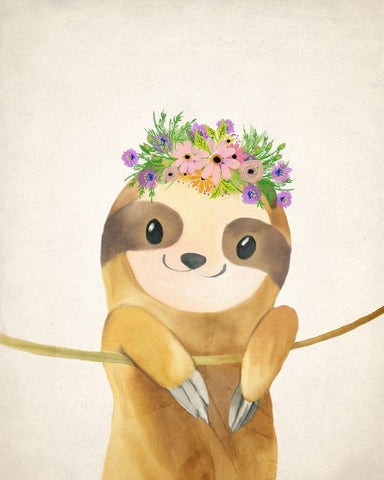 Floral Sloth 1 White Modern Wood Framed Art Print with Double Matting by Kimberly, Allen