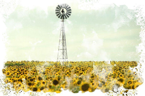 Windmill Sunflowers White Modern Wood Framed Art Print with Double Matting by Allen, Kimberly