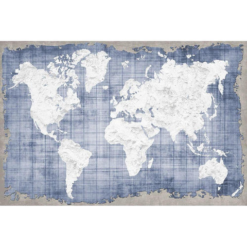 Blue World Map Gold Ornate Wood Framed Art Print with Double Matting by Allen, Kimberly