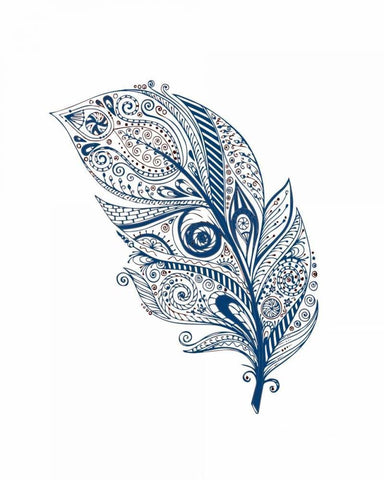 Indigo Henna Feather 2 White Modern Wood Framed Art Print with Double Matting by Allen, Kimberly