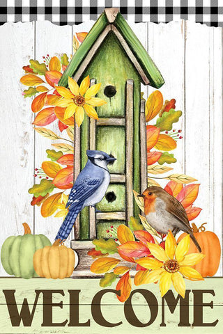 Autumn Birdhouse Black Ornate Wood Framed Art Print with Double Matting by Allen, Kimberly