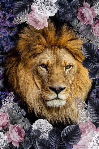 Lion Deep Floral Black Ornate Wood Framed Art Print with Double Matting by Allen, Kimberly