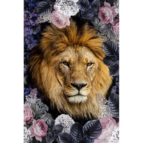 Lion Deep Floral Black Modern Wood Framed Art Print with Double Matting by Allen, Kimberly