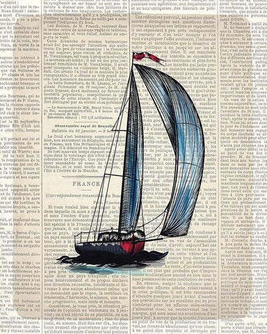 Newspaper Sailboat 1 Black Ornate Wood Framed Art Print with Double Matting by Kimberly, Allen