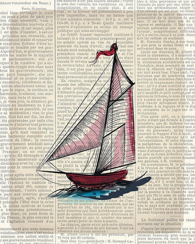 Newspaper Sailboat 2 Black Ornate Wood Framed Art Print with Double Matting by Kimberly, Allen