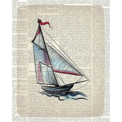 Newspaper Sailboat 3 Black Modern Wood Framed Art Print with Double Matting by Kimberly, Allen