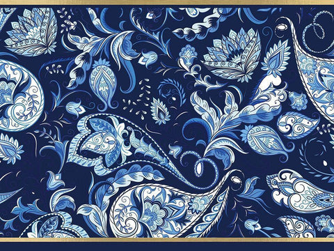 Blue and Gold Paisleys 2 White Modern Wood Framed Art Print with Double Matting by Allen, Kimberly