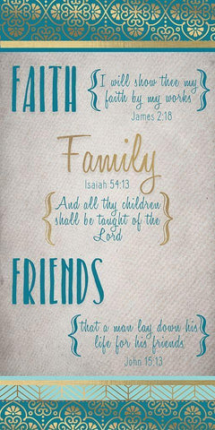 Faith Family Friends Teal Gold v2 Black Ornate Wood Framed Art Print with Double Matting by Kimberly, Allen