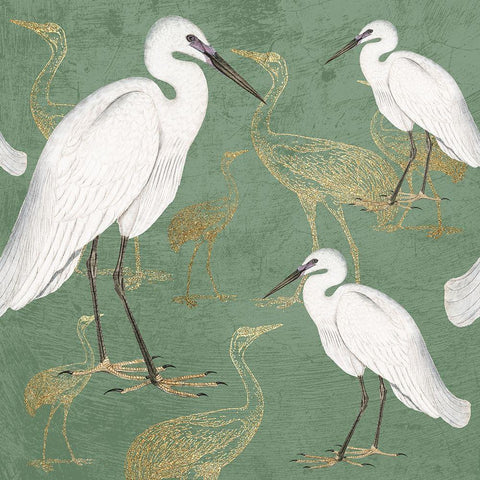 Sage and Gold Cranes Gold Ornate Wood Framed Art Print with Double Matting by Kimberly, Allen