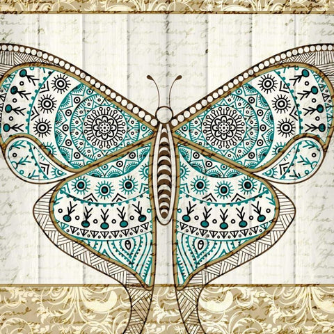 Damask Butterfly Teal 1 Gold Ornate Wood Framed Art Print with Double Matting by Allen, Kimberly