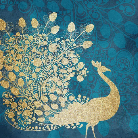 Golden Peacock White Modern Wood Framed Art Print by Kimberly, Allen