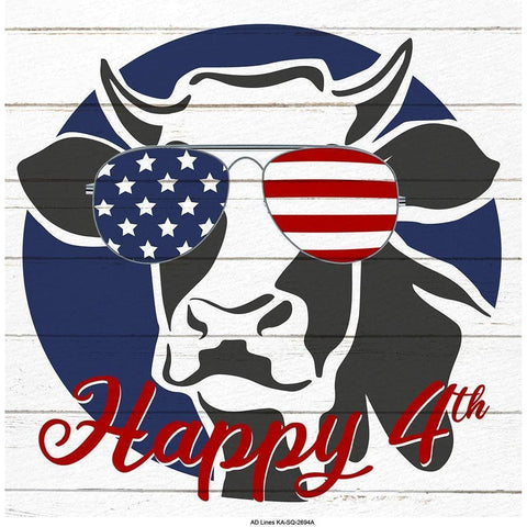 Happy 4th Cow Black Modern Wood Framed Art Print with Double Matting by Allen, Kimberly