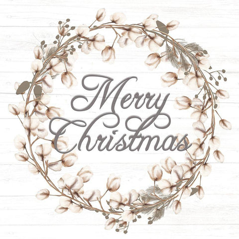 Merry Christmas Cotton Wreath White Modern Wood Framed Art Print with Double Matting by Allen, Kimberly