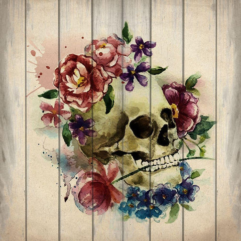 Floral Skull 1 Black Ornate Wood Framed Art Print with Double Matting by Kimberly, Allen