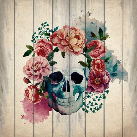 Floral Skull 2 Black Ornate Wood Framed Art Print with Double Matting by Kimberly, Allen
