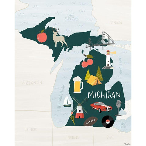 Michigan Icons White Modern Wood Framed Art Print by Louise, Gigi