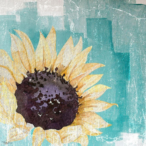 Sunflower Teal Black Modern Wood Framed Art Print with Double Matting by Louise, Gigi