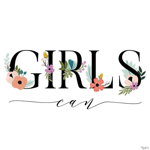 Girls Can Floral White Modern Wood Framed Art Print with Double Matting by Louise, Gigi