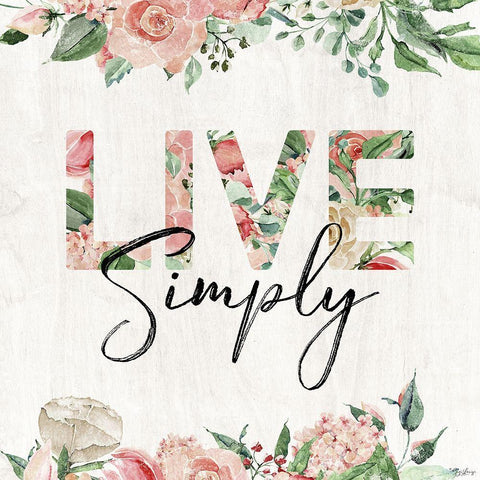 Live Simply Floral Black Modern Wood Framed Art Print by Louise, Gigi